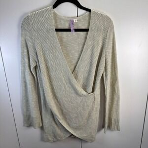 Alya Womens Med Faux Wrap Sweater Long Sleeve Beige Boho Minimalist Cottage Y2K‎
